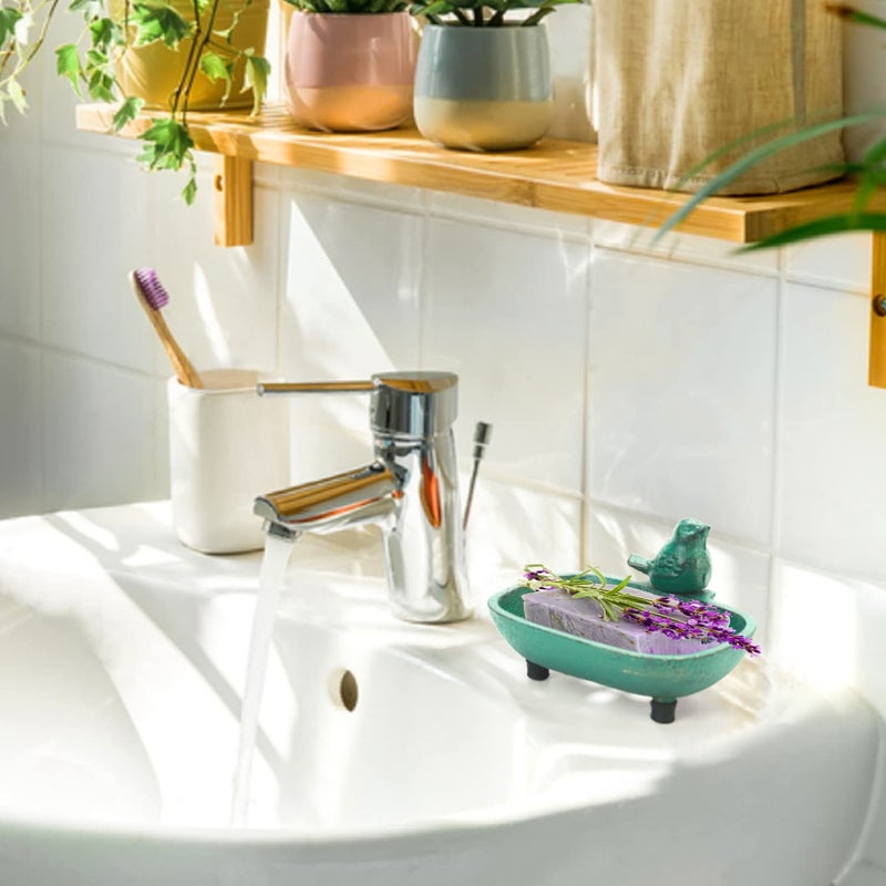 Sungmor Heavy Duty Cast Iron Hand Soap Holder - Lovely Bird Shaped & Antique Green Finish - Decorative Tabletop Soap Dish Tray for Kitchen Bathroom Sink - Practical Bath Soap Box Container - Image 3